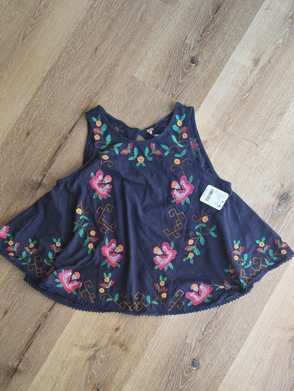 Free People Black Floral Embroidered Swing Tank Measurements In Tray